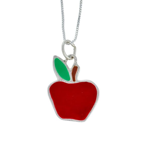 Sterling Silver Red Green Enamel Apple Charm Teacher Gift Pendant ONLY - Picture 1 of 5